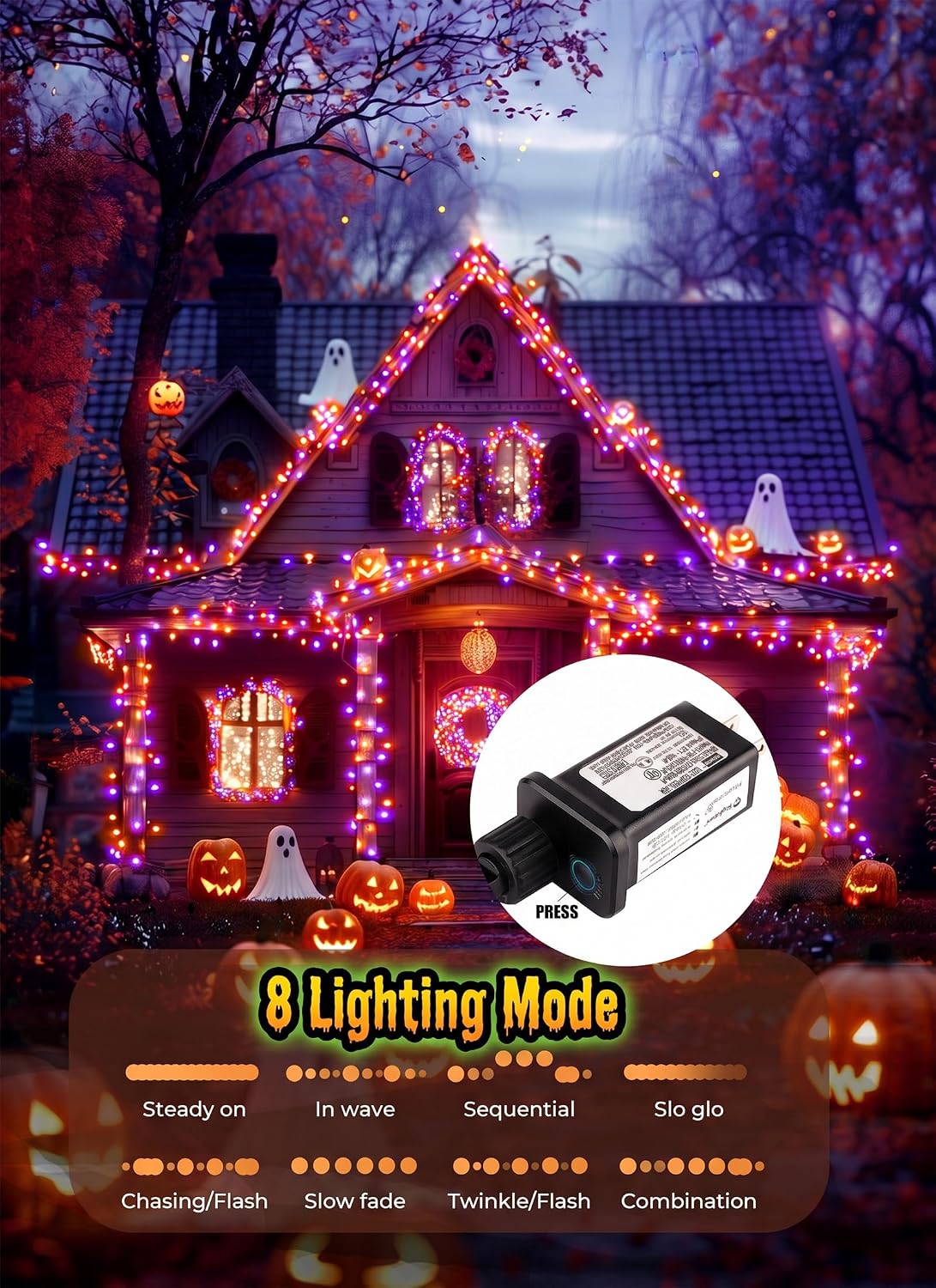 2Pack Orange & Purple Outdoor Halloween Lights,39Ft 100LED Christmas Lights