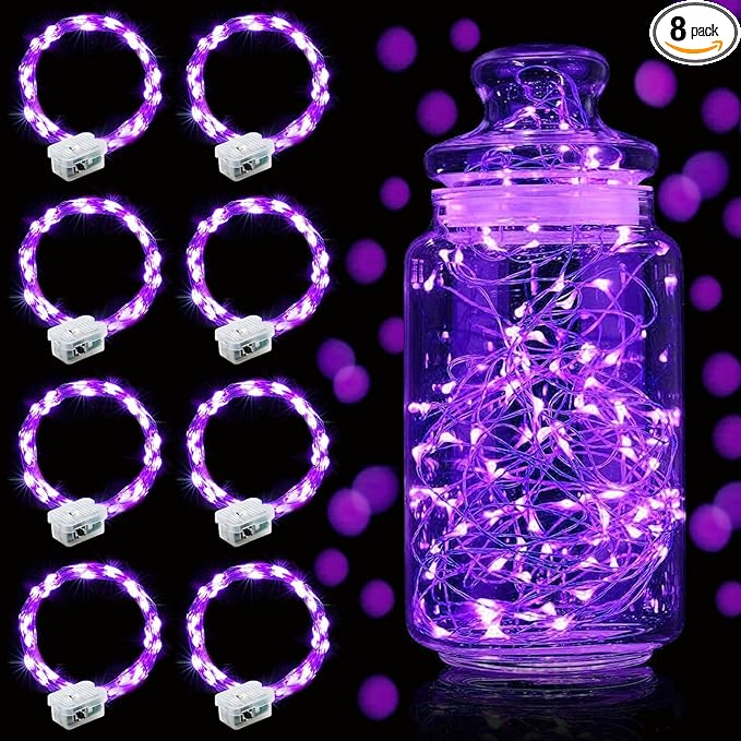 Aogist Led Fairy Lights 3 Modes Battery Operated String Lights Waterproof Silver Wire 7 Feet Firefly Starry Moon Mason Jar Lights for DIY Wedding Party Christmas (Purple, 8 Pack)