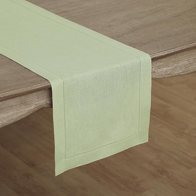 Solino Home Linen Sage Green Table Runner 108 Inches Long - 100% Pure Linen 14 x 108 Inch Table Runner for Fall, Autumn, Thanksgiving, Christmas - Classic Hemstitch