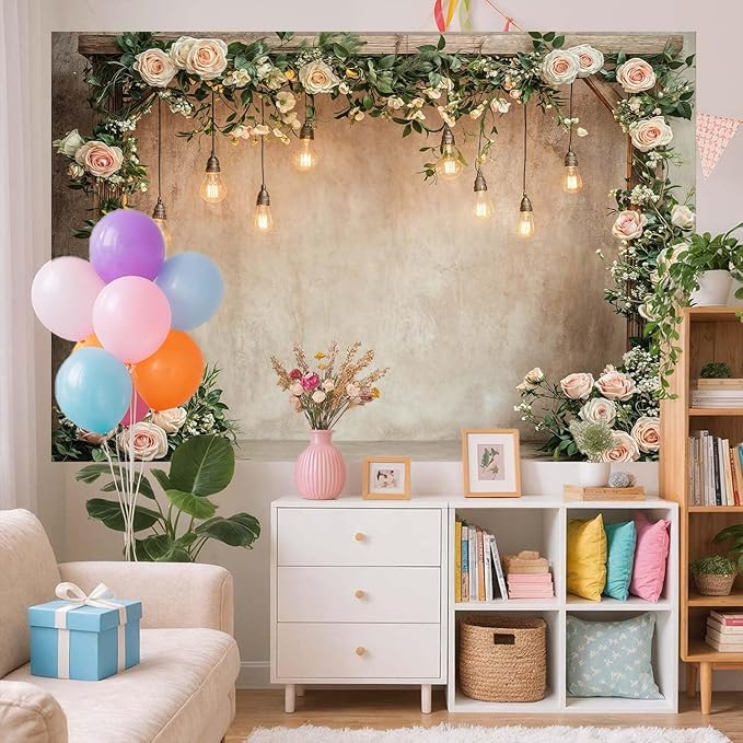 10x10ft Country Wedding Photography Backdrop Floral Rustic Roses Farmhouse Wooden Door Backdrop Pink Flower Birthday Baby Shower Wedding Bridal Party Banner Photo Booth Props Anniversary Background