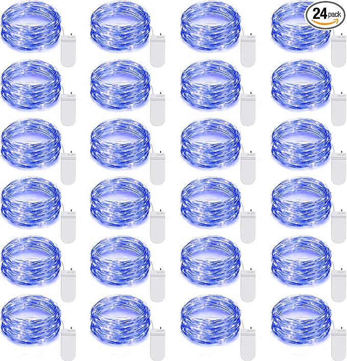 24 Pack LED Fairy Lights Battery Operated 7Ft 20Led Mini String Lights Waterproof Christmas for Mason Jars Bedroom DIY Party Wedding Christmas Decor Blue
