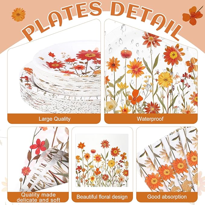 452 Pcs Fall Floral Party Supplies Orange Wildflower Tableware Set, Fall Floral Paper Plates Napkins Cups Tablecloth Cutlery Straw for Thanksgiving Autumn Harvest Wedding Birthday Decoration