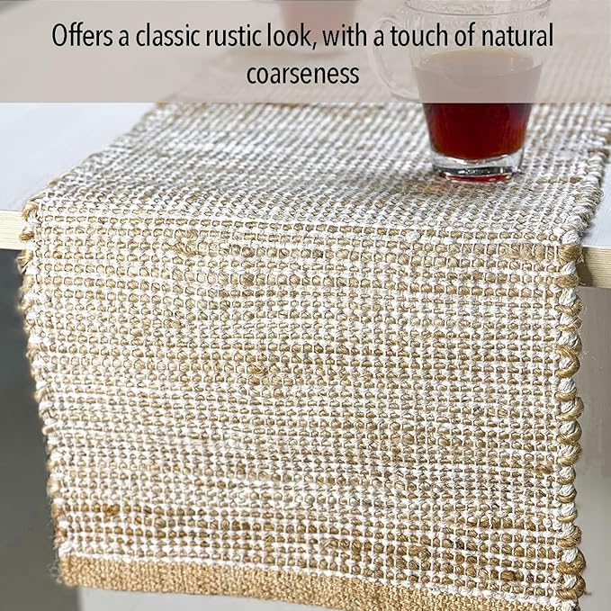 Chardin home Natural Jute Table Runner 13x108 Inch – Vintage Boho Rustic Table Decor – Handwoven Long Table Runner in Natural Jute and Ivory – Farmhouse Dining or Console Table Accent