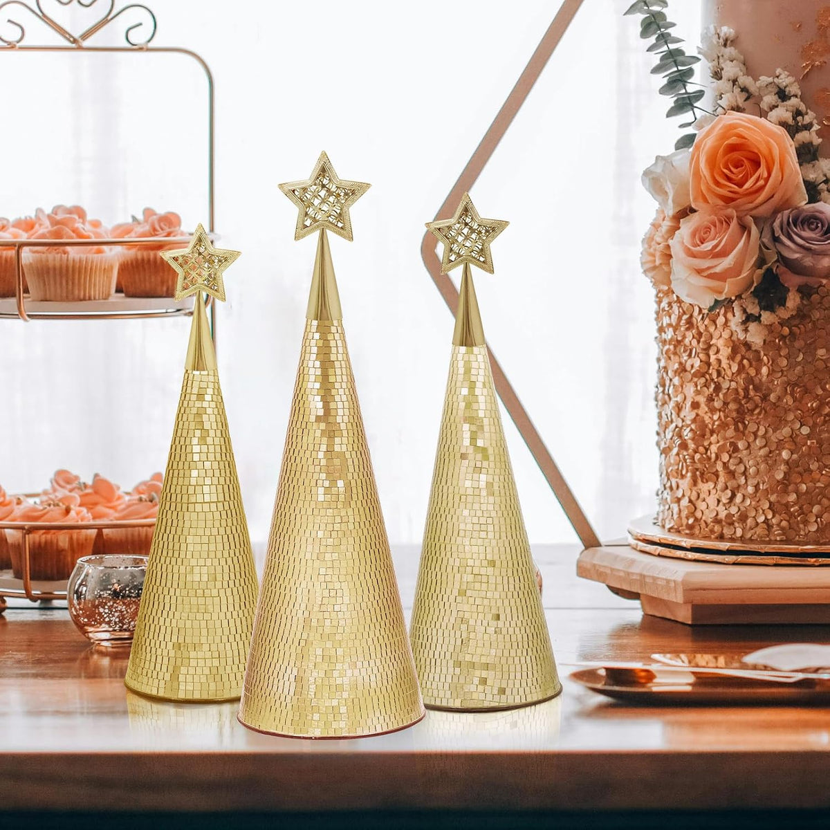gold glass trees set of 6, 17" 15", close-up detail