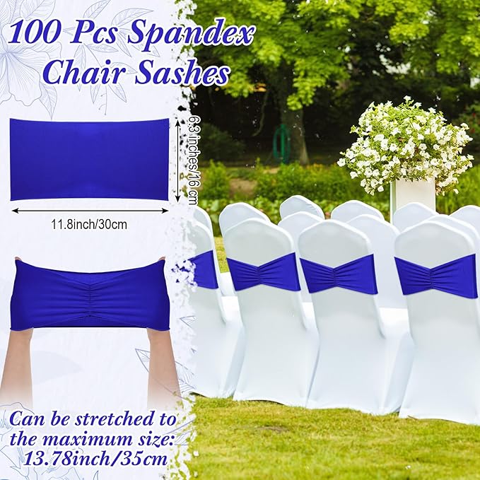 Moukeren 100 Pcs Spandex Chair Sashes Bows Bands Slider Sashes for Chair Covers Elastic Bands Ties Ribbon Decorations for Wedding Party Events Ceremony Birthday Banquet(Royal Blue)