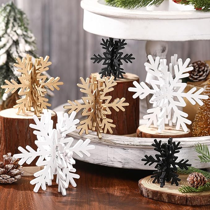 Bucherry 12 Pcs Wooden Snowflake Table Decor 3D Snowflake Tabletop Signs and Centerpiece for Christmas Xmas Winter Wonderland Decorations Home Party(White, Gold, Black)