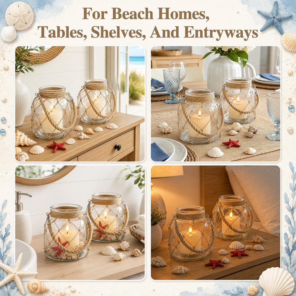2 set of nautical candle lanterns, clear glass on a desk or shelf