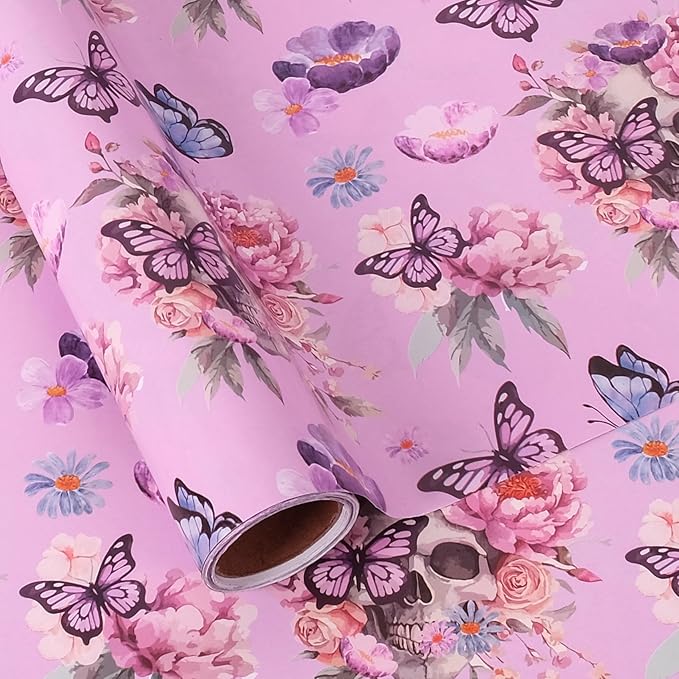 Aimyoo Gothic Wrapping Paper Roll, 17 Inch X 16.5 Feet Skull Floral Butterfly Design Gift Wrap Paper for Mother's Day, Birthday Bridal Shower