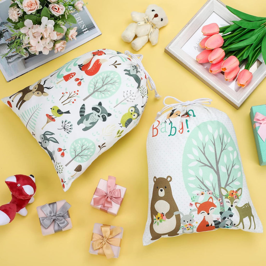 Shappy 2 Pcs Drawstring Fabric Gift Bags, Woodland Animal Reusable Gift Wrap, 15.75 x 11.81'' Large Bag for Baby Shower Party Favor Gender Reveal Birthday Party Supplies