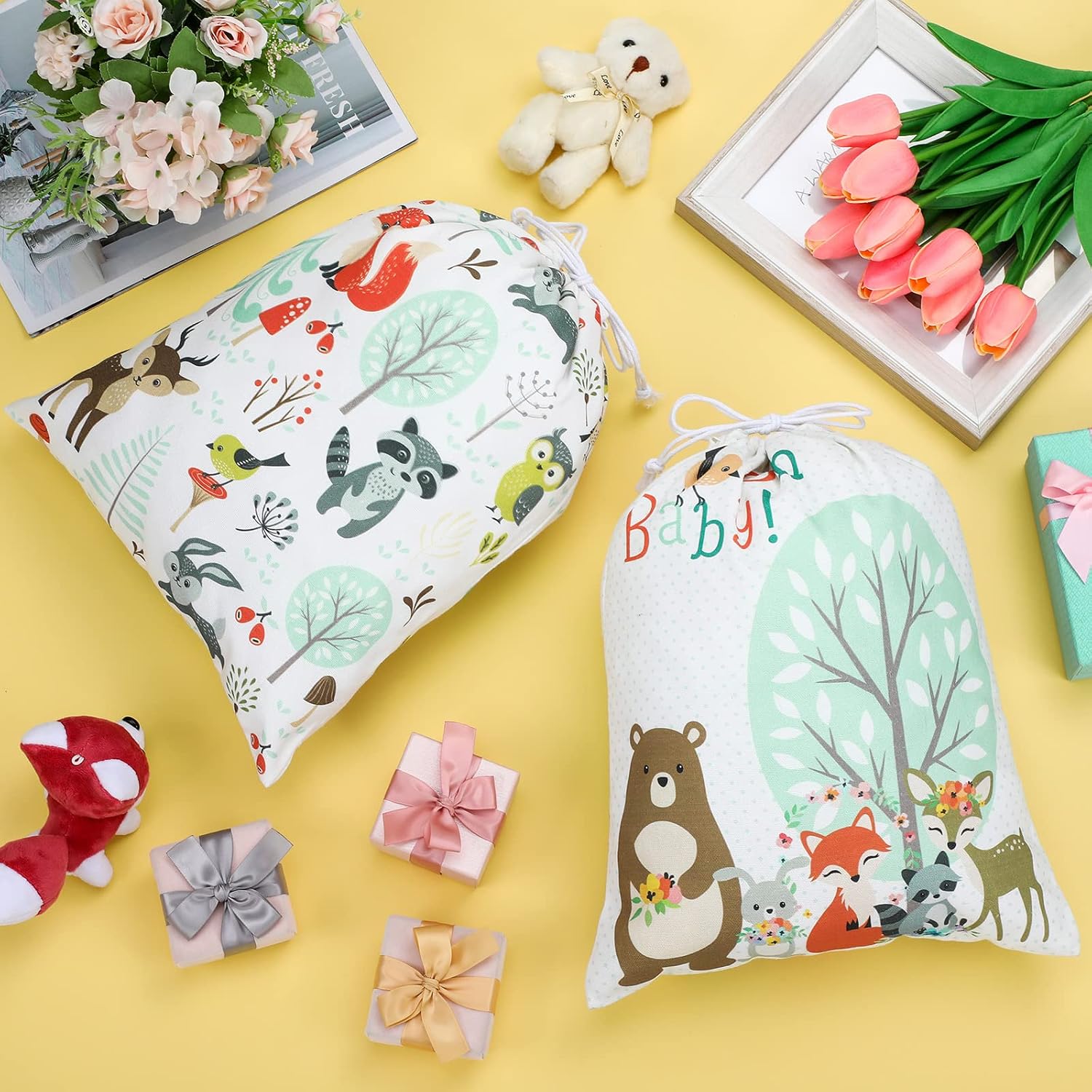 Shappy 2 Pcs Drawstring Fabric Gift Bags, Woodland Animal Reusable Gift Wrap, 15.75 x 11.81'' Large Bag for Baby Shower Party Favor Gender Reveal Birthday Party Supplies