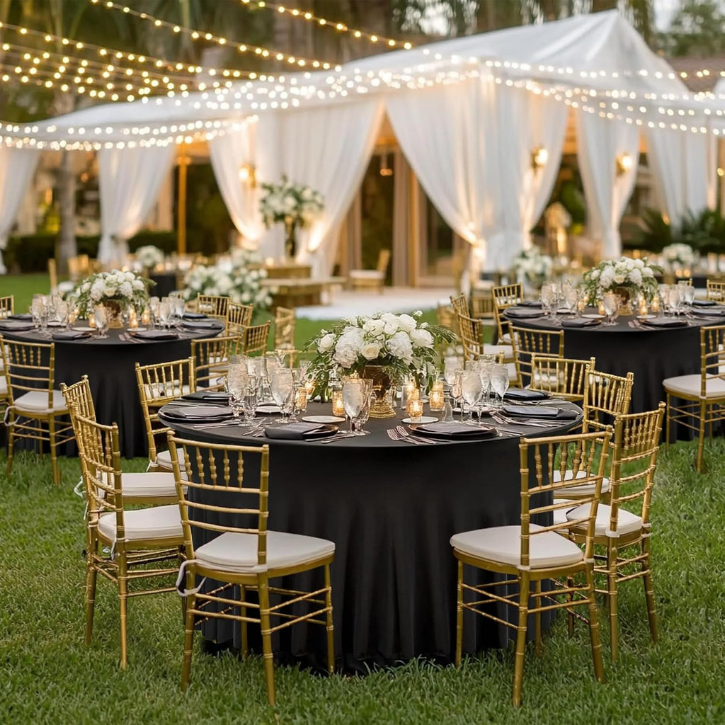 black round spandex tablecloth 60 inch, wrinkle free, close-up detail