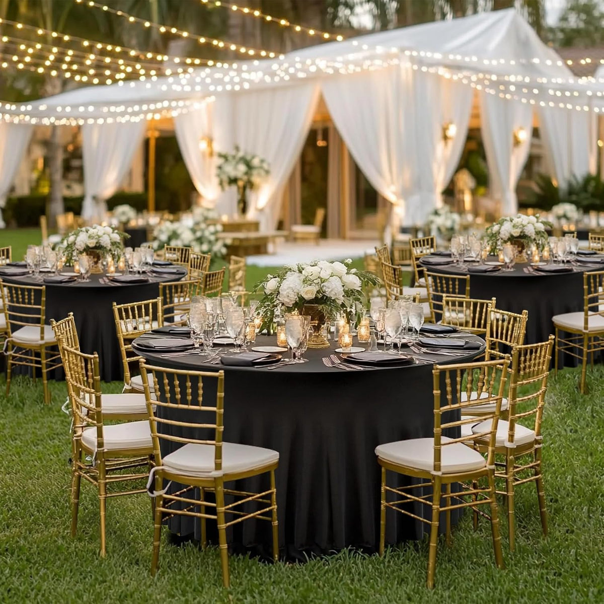 black round spandex tablecloth 60 inch, wrinkle free, close-up detail