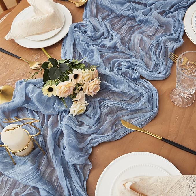 Dusty Blue 2 Pack Cheesecloth Table Runner 120 Inch 10 FT Boho Rustic Gauze for Wedding Baby Shower Party Farmhouse Summer Home Decor Washable