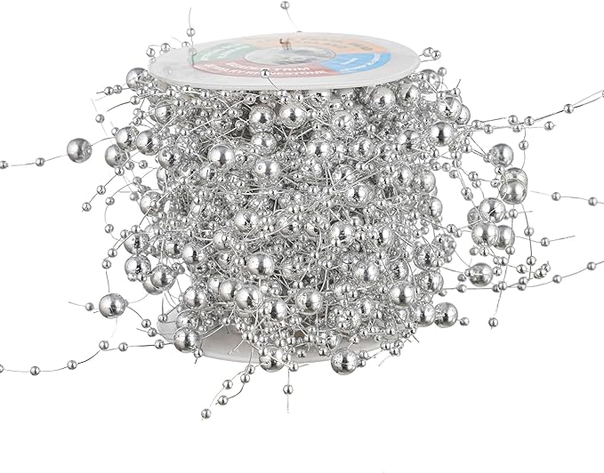 13Feet Pearl String Spool Roll for Floating Candles Faux Pearls Strands Garland for Vase Filler Wedding Centerpiece Christmas Table Decor (Silver)
