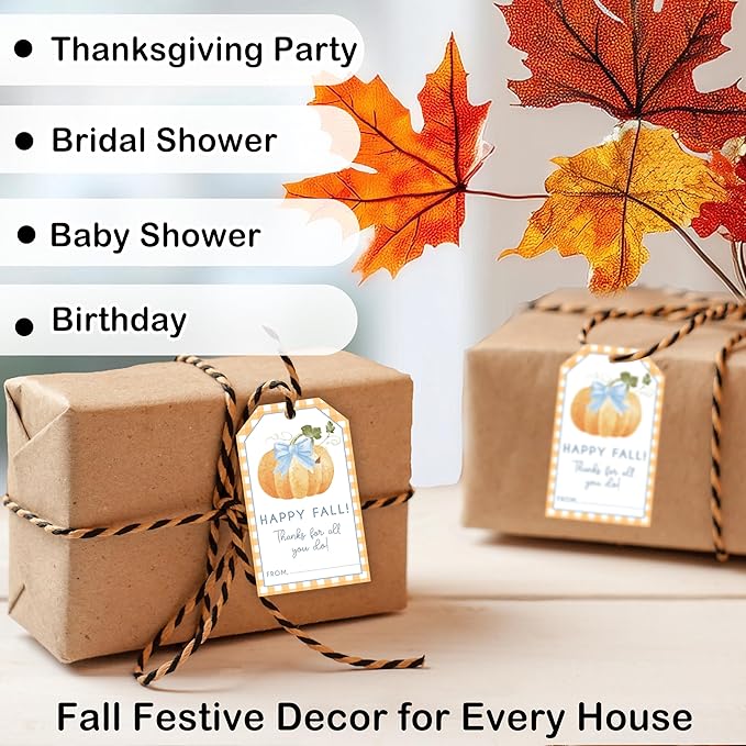 50 Pcs Fall Gift Tags, 2.1"×3.5" Thank You Gift Tags for Party Favors, Pumpkin Happy Fall Thanksgiving Gifts Tags for Party Favor - B10