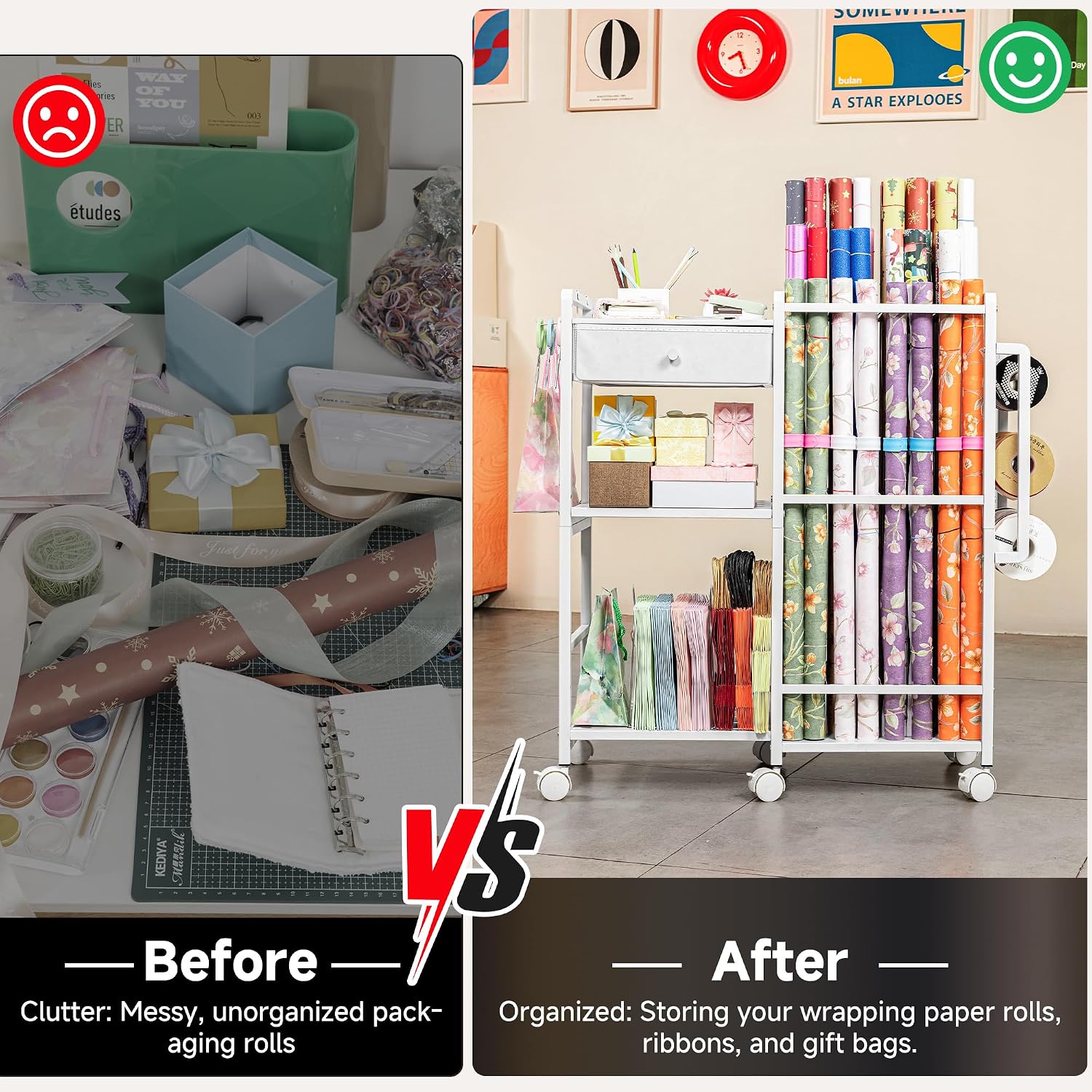 Aquzee Wrapping Paper Storage, Rolling Gift Wrap Station, 9 Adjustable Rod Design, Vertical Wrapping Paper Storage Cart, Ribbon Organizers and Gift Bag Storage, 12 PCS Slap Bands, White