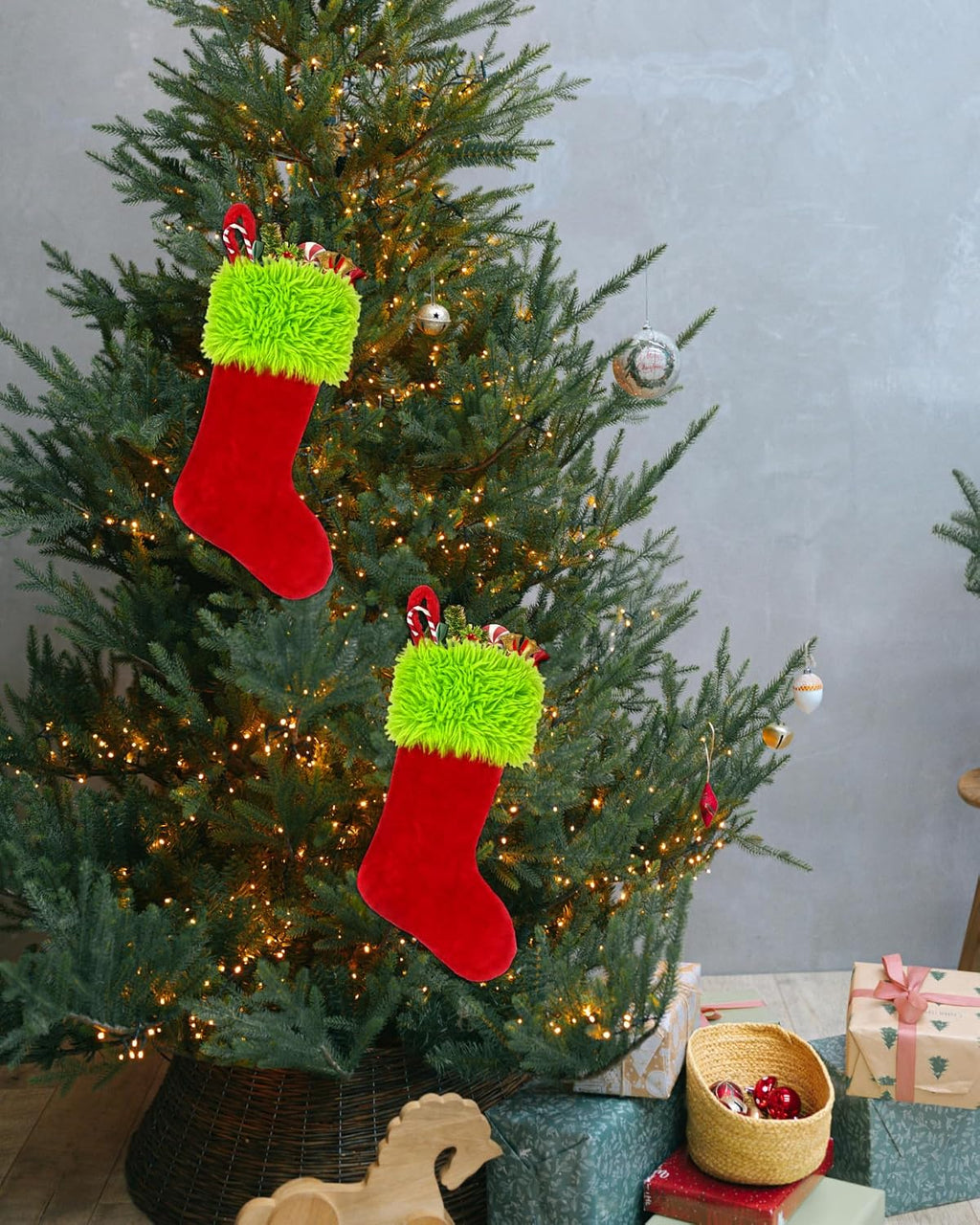 2PCS Christmas Stockings with Names Tag, 20 Inch Green Faux Fur Velvet Personalized Xmas Stockings, Hanging Ornament Large Gift Bags for Fireplace Window Door Tree Christmas Decorations(Red)