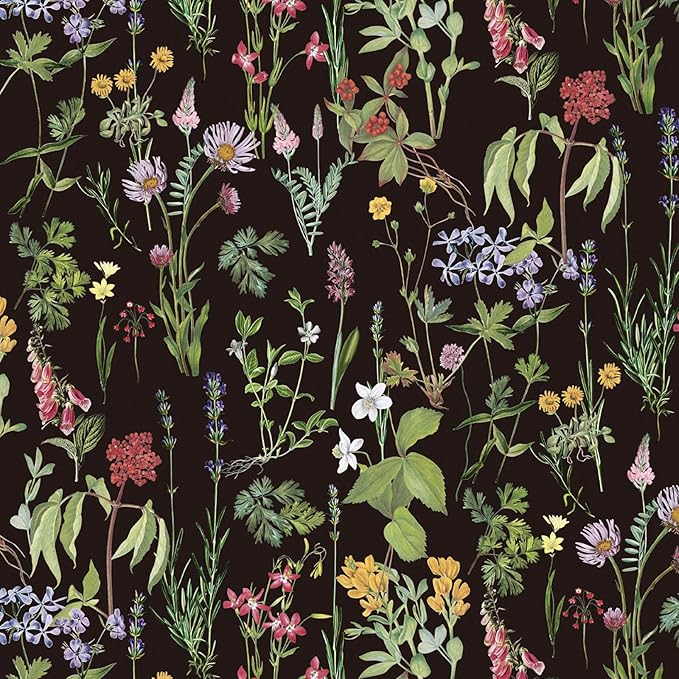 RUSPEPA Wild Flower Wrapping Paper Roll for Women Girls, Mini Roll, Elegant Black Floral Design Gift Wrap Paper Perfect for Birthday, Bridal Shower, Spring, Wedding, Mother's Day, 17 Inch x 16.4 Feet
