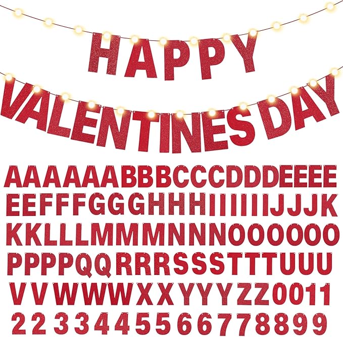 TaoBary 112 Pcs DIY Letter Kit Glitter Customizable Banner Letters Include 107 Letters and Numbers 3 Rope and 2 Needles for Birthday Halloween Christmas Wedding Valentine Party Decor(Red)