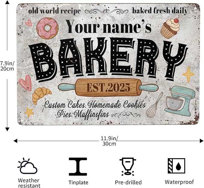 Custom Bakery Metal Sign Personalized Baked Goods Bakers Signs Decor Fresh Bread Daily Rustic Pies Cakes Decor Homemade Plaque Tin Wall Art Gifts
