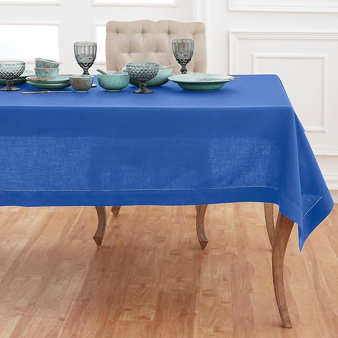 Solino Home Royal Blue Linen Tablecloth 60 x 144 Inch - 100% Pure Linen Hemstitch Table Cloth for Rectangle Tables - Classic Hemstitch, Machine Washable Tablecloth