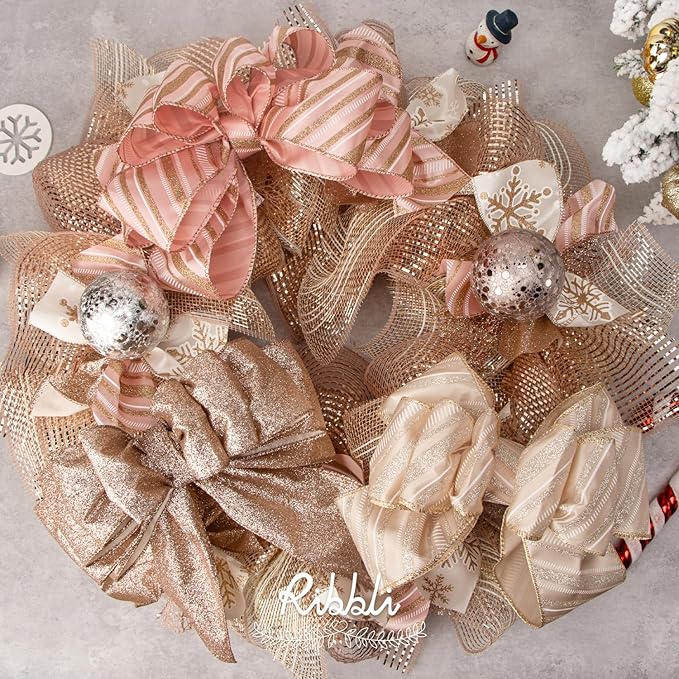Ribbli 2 Rolls Rose Gold Mesh Ribbon,10 inch x 30 feet(10Yard) Each Roll,Metallic Rose Gold with Wide Foil,Valentine's Day Ribbon for Wreath Swags and Decorating