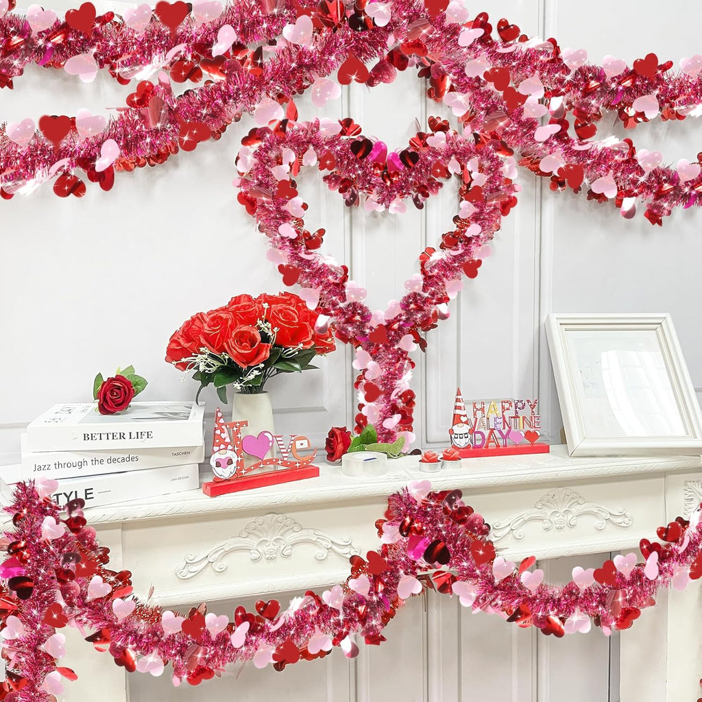 TURNMEON 2 Strings Total 66 Feet Valentines Heart Tinsel Garland Decorations Red Pink Twist Garland Metallic Streamer Valentine's Day Decorations Home Tree Indoor Outdoor Wedding Hanging Decor