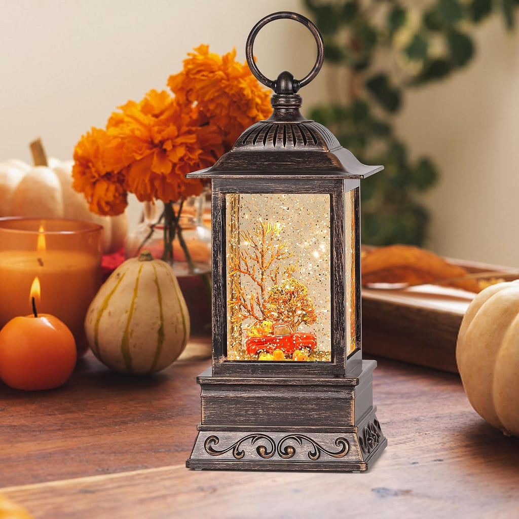 Fall Snow Globe Decorations, Glitter Red Truck Lantern with 6H Timer, USB/Battery Powered Lighted Décor for Home, Tabletop, Gift Box