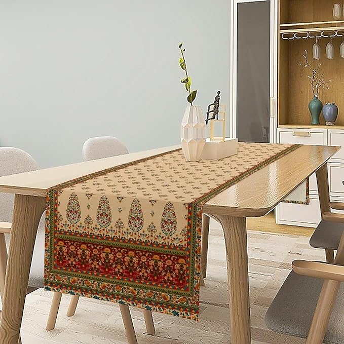 Boho Paisley Table Runner, Vintage Western Brown Dark Red Beige Flowers Leaves Print Table Runner for Kitchen Dining Table Wedding Holiday Party Decor, 13x120inch