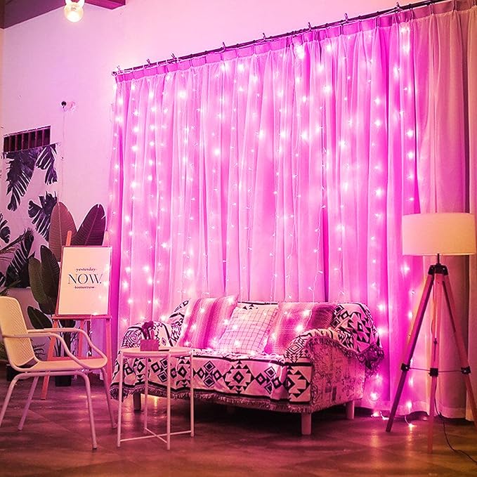 Brightown 300 LED Curtain Lights for Bedroom 9.8 FT Hanging Window Lights with Remote, Connectable, 8 Modes, Waterproof Fairy Lights for Outdoor Indoor Valentine's Day Christmas Holiday Party, Pink
