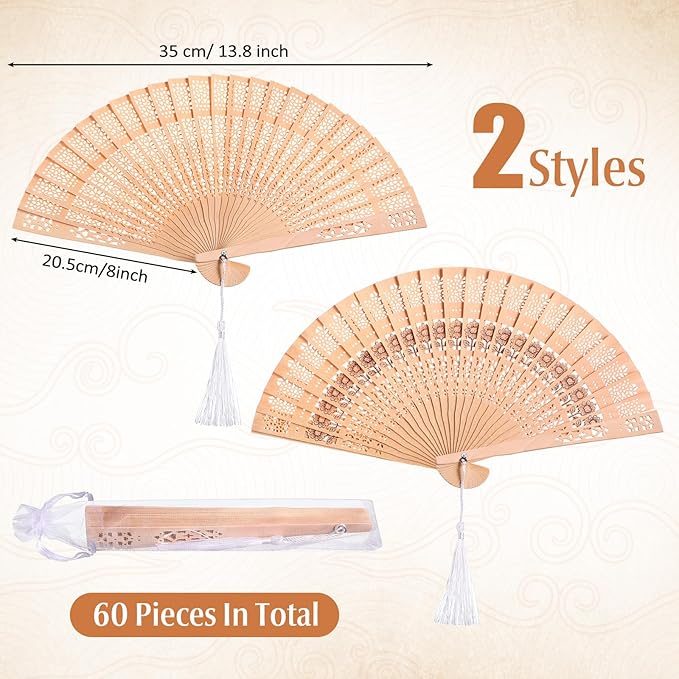 Qunclay 60Pcs Wooden Hand Fans Folding Wedding Fans for Guest Chinese Hollow Pattern with White Tassel and Gift Bag for Wedding Bridal Shower Birthday Party Favors Gift and Home Decor(Mixed Style)