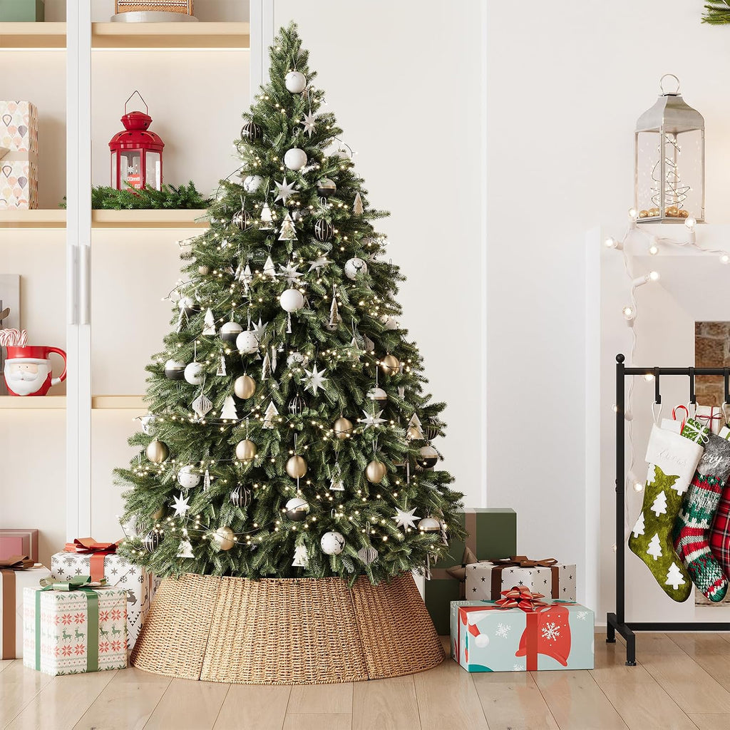 ELYKEN Christmas Tree Collar, 33 Inch Rustic Xmas Tree Basket for Artificial Trees, Paper Rope Woven Tree Skirt Ring, Tree Base Cover with Cord Cut-Out, Farmhouse Pencil Tree Collar for Home Decor