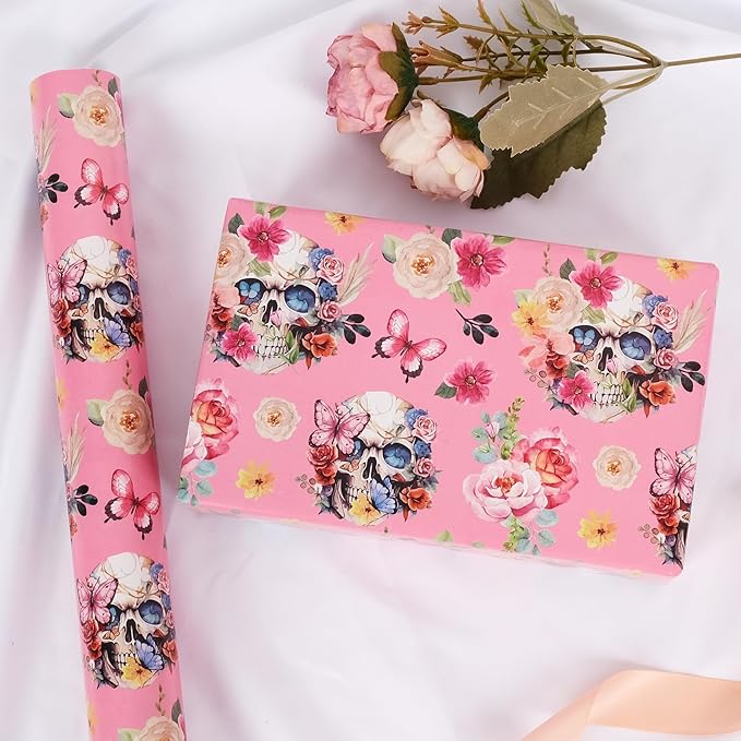 Aimyoo Gothic Wrapping Paper Roll, 17 Inch X 16.5 Feet Skull Floral Butterfly Design Gift Wrap Paper for Mother's Day, Birthday Bridal Shower
