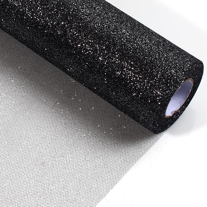 ICOSHOW Sparkling Tulle Rolls, 15” by 30 Yards (90FT) Glitter Tulle Spool Ribbon Fabric for Wedding Birthday Bridal Shower Tutu Skirt Party Gift Wrapping(Black)