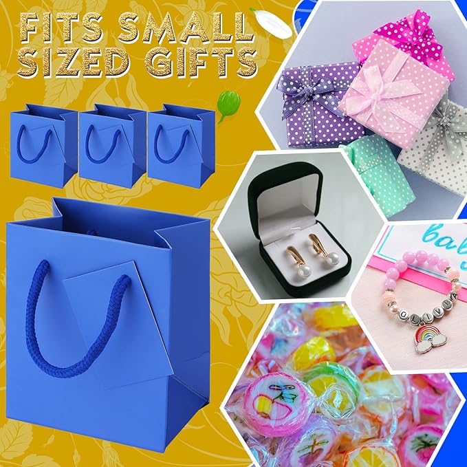 Sherr 100 Pack Mini Gift Bags Bulk, 4 x 2.75 x 4.5 Inches Paper Bags with Tags, Extra Small Paper Gift Boxes with Handles for Birthday, Party Favors, Weddings, Small Business(Blue)