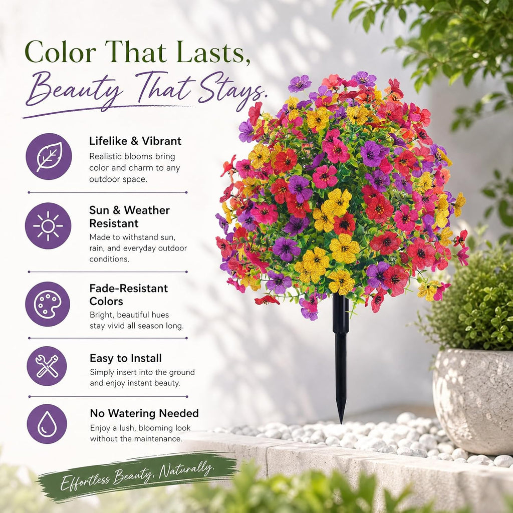 22 inch artificial flowers and shrubs with stakes shown in use