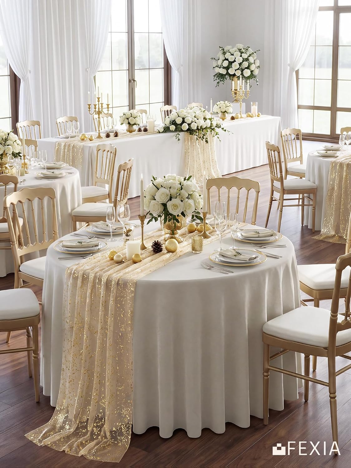 FEXIA 8Pcs Gold Table Runner 10FT Gauze Glitter Wedding Party Decorations