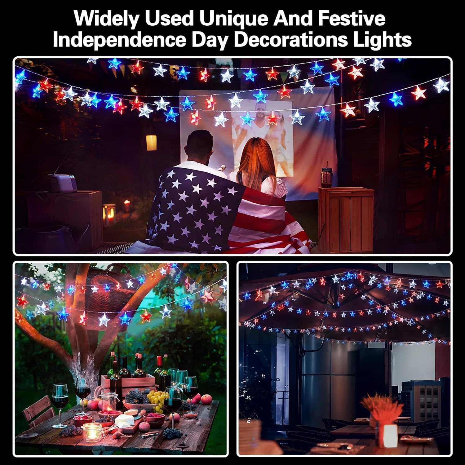 Dirnun 4th of July Decorations Red White and Blue Lights with 40 Led Big Stars, 4th of July Lights for Indoor Outdoor Home Garden Golf Cart Patriotic Theme Memorial Independence Day Decorations