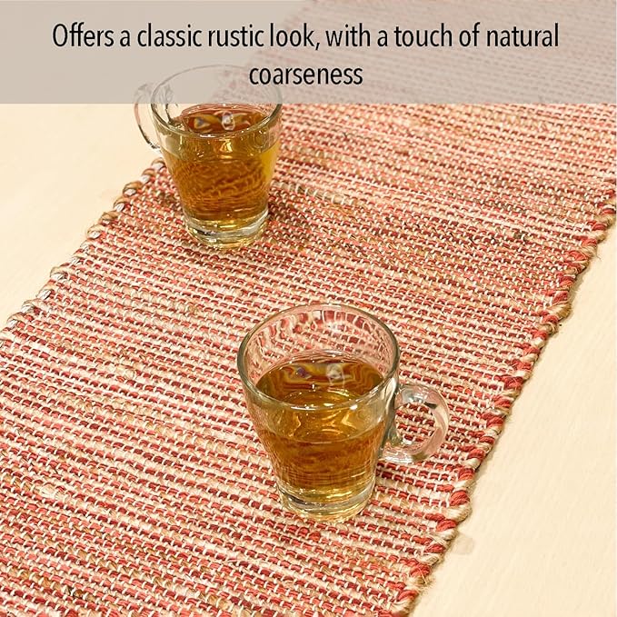 Chardin home Natural Jute Table Runner 13x36 Inch – Vintage Boho Rustic Table Decor – Handwoven Table Runner in Natural Jute and Rust Orange – Farmhouse Dining or Console Table Accent
