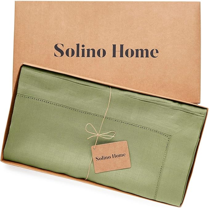 Solino Home Linen Tablecloth 60 x 132 Inch - Classic Hemstitch 100% Pure Linen Moss Green Table Cloth for Rectangle Tables - Machine Washable Tablecloth for Fall, Autumn, Thanksgiving