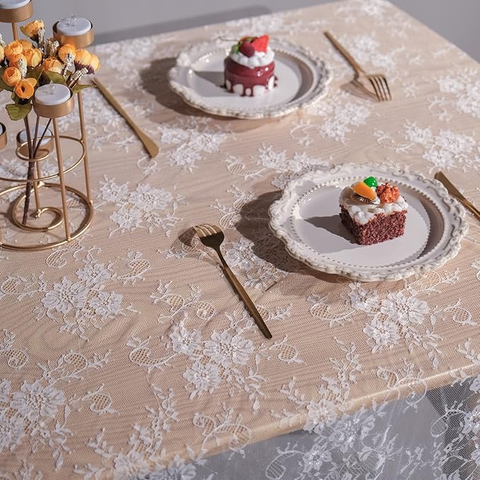 TINWIN Rectangle Lace Tablecloth 60x120 Inch White Vintage Runner Eyelash Fabric for Kitchen Dining Picnic Table Wedding Decor for Home Decoration Tea Party Decor-3