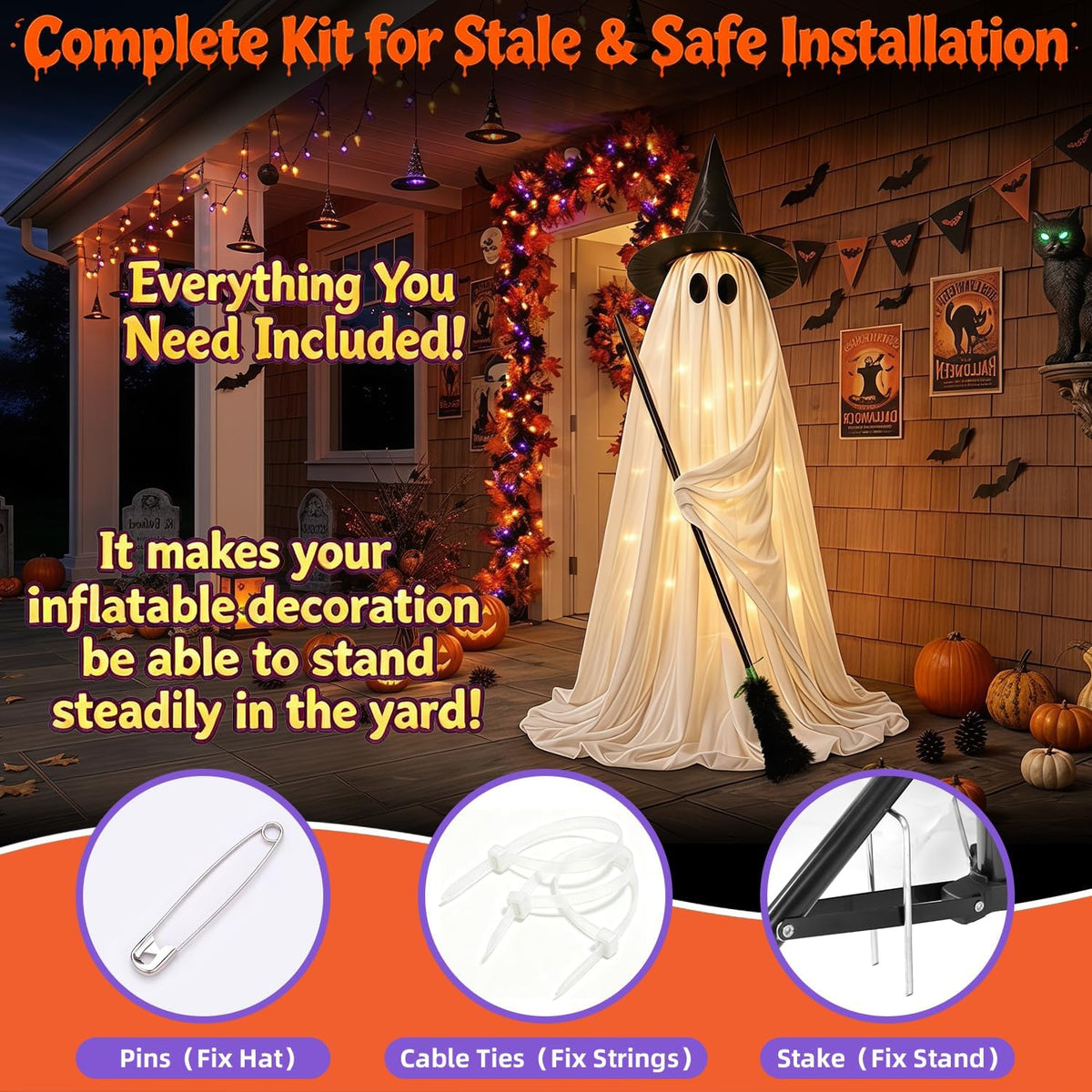 Halloween Decorations Outdoor Light Up Ghost, 53IN Witch Hat Broom Porch