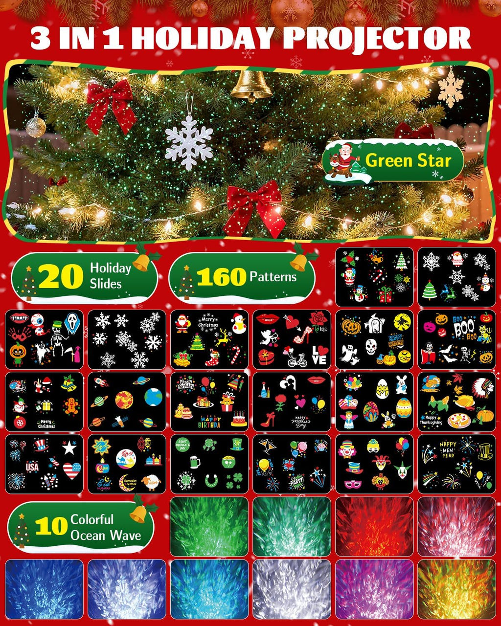 christmas projector lights outdoor, 3 in 1 holiday shown in use