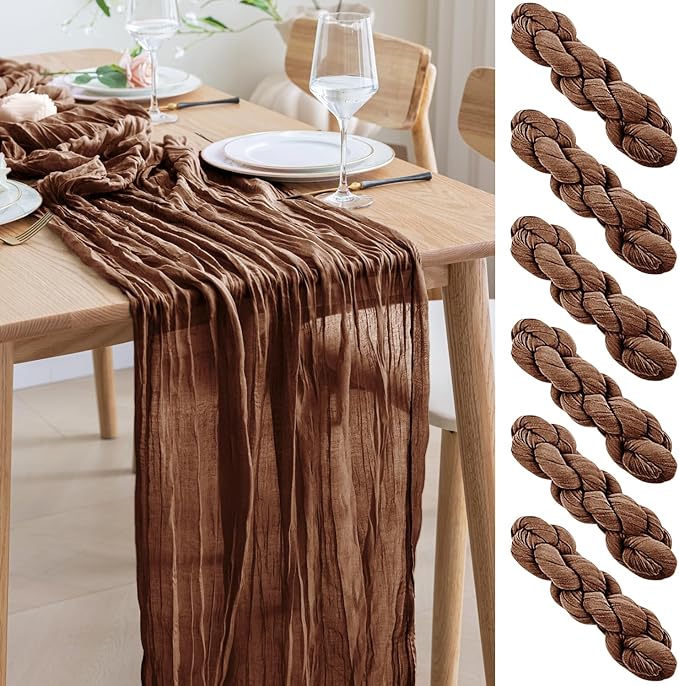 Asee'm 6pcs Cheesecloth Table Runner 120 Inches Long Brown Boho Gauze Cheese Cloth Runner 10FT Rustic Sheer Fall Table Runners for Thanksgiving Christmas Wedding Party Baby Shower Decoration
