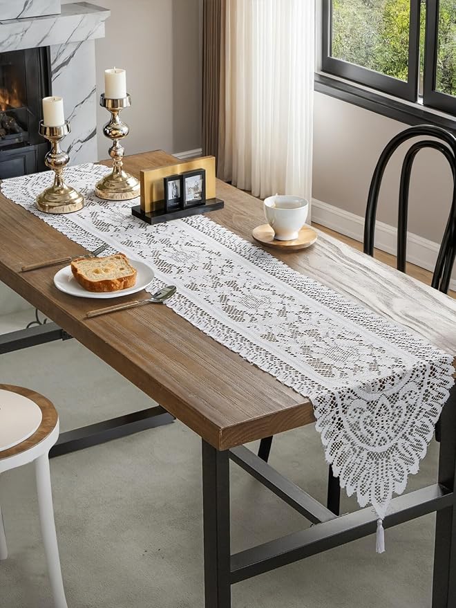 Jayla White Lace Table Runners, Elegant Vintage Lace Table Runner, Wedding Lace Decor with Floral Embroidery,Tea Party Decor, 13x45 Inch