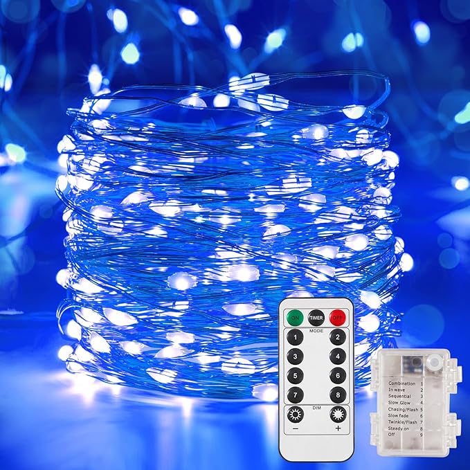 1 Pack 65.6 Ft. Battery Operated Outdoor String Lights with Remote & Timer, LED Blue Fairy Lights, Waterproof Twinkle Lights for Bedroom, Dorm, Mason Jar, Wedding, Party, Christmas