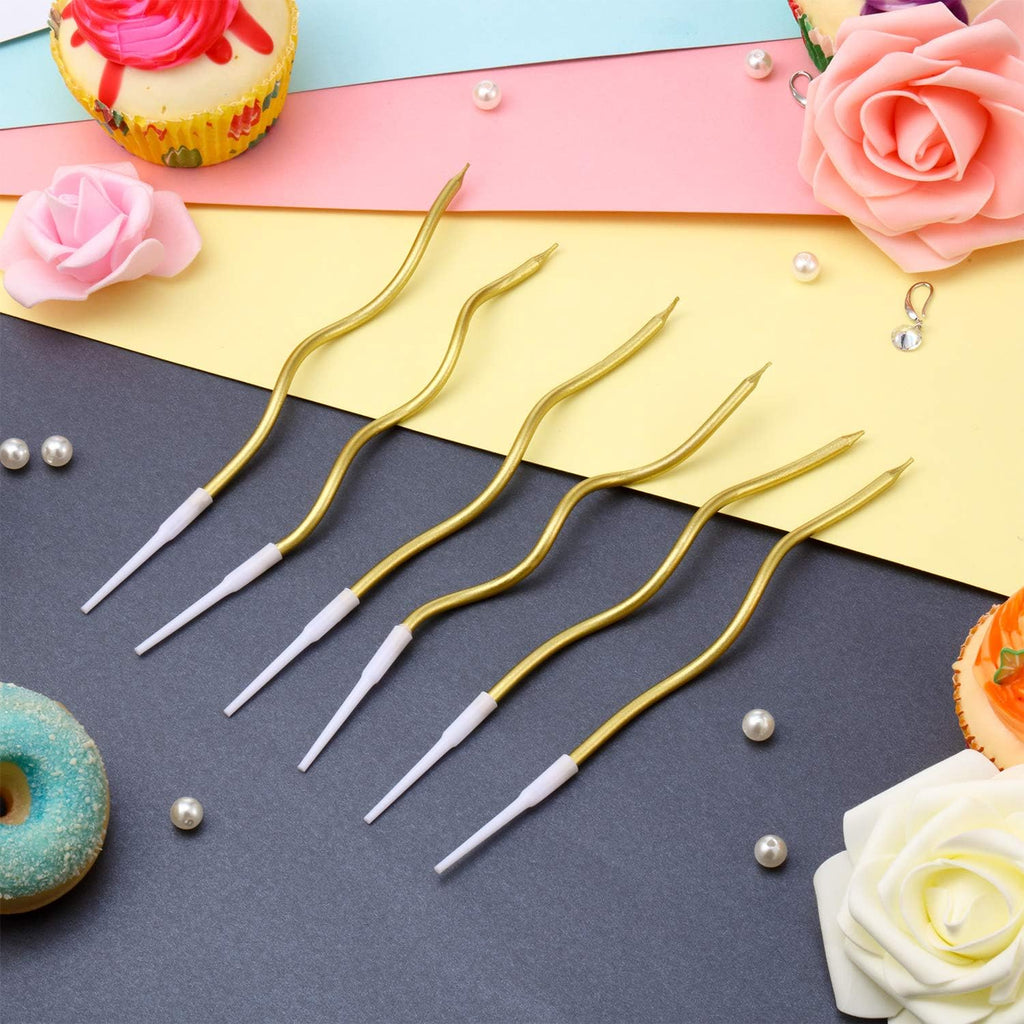 48 Pieces Twisty Birthday Spiral Cake Candles with Holders Long Thin Curly Coil Metallic Cake Cupcake Candles for Birthday Wedding Party Decoration(Metallic Gold)