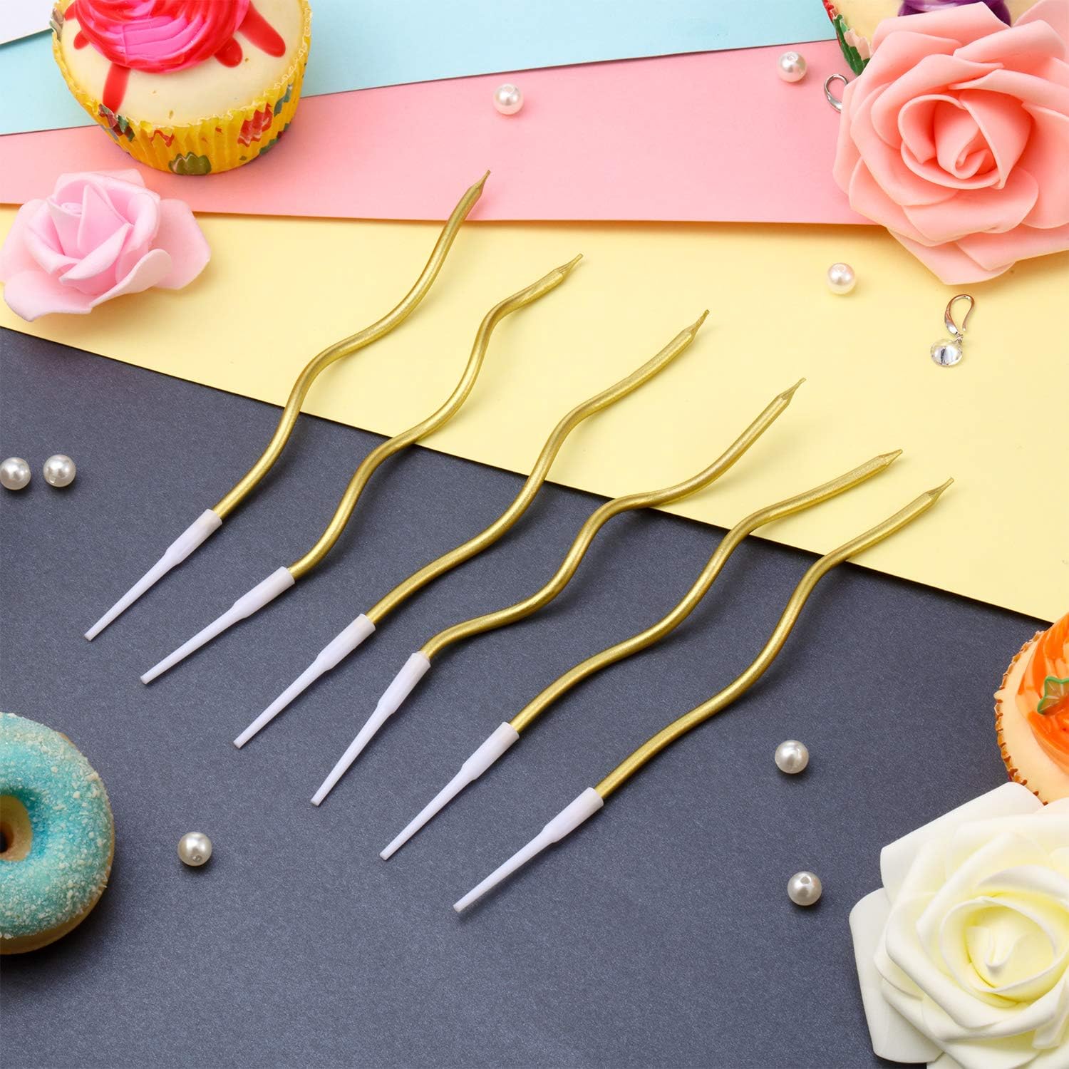 48 Pieces Twisty Birthday Spiral Cake Candles with Holders Long Thin Curly Coil Metallic Cake Cupcake Candles for Birthday Wedding Party Decoration(Metallic Gold)