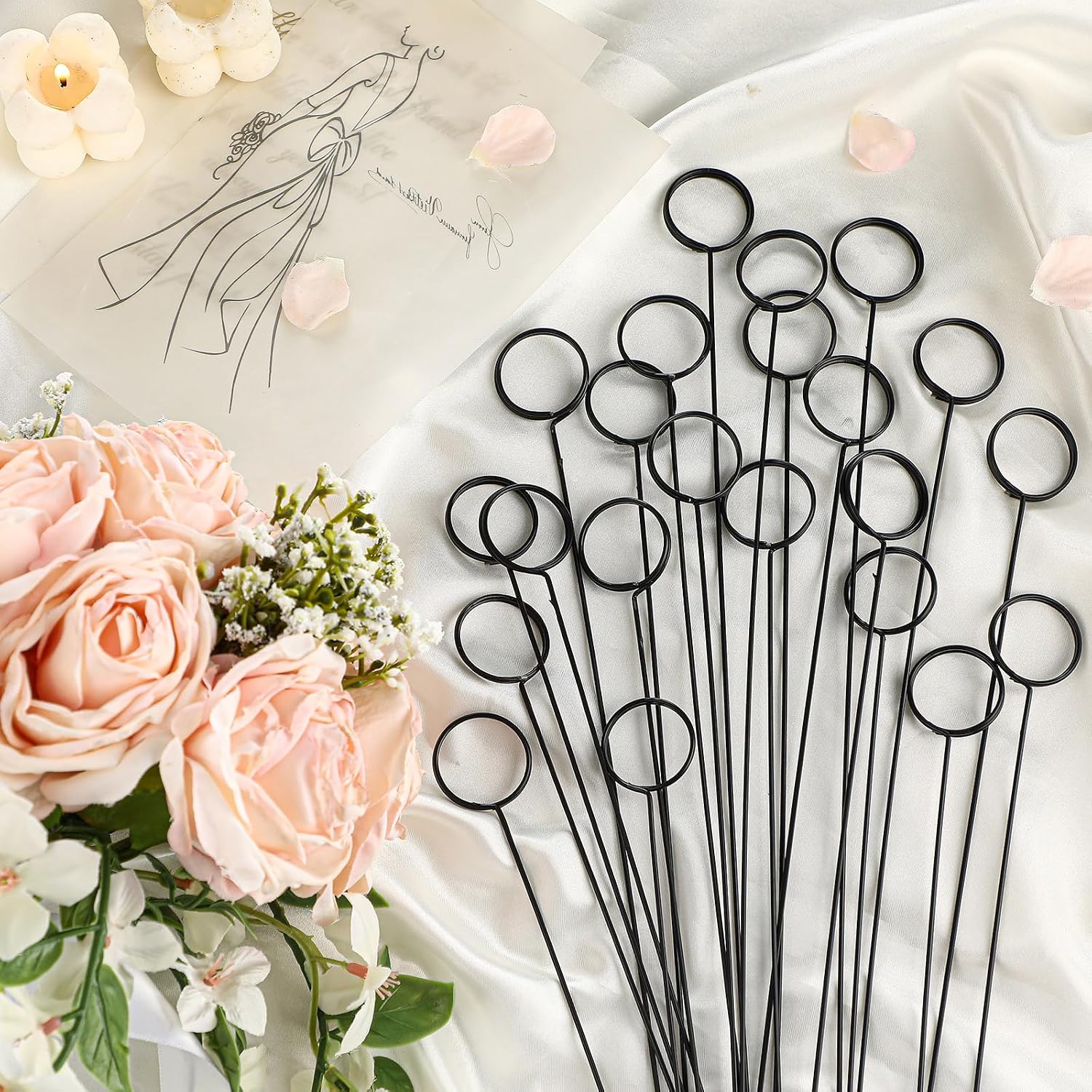Hotop 30 Pcs Floral Card Holder Pick Metal Wire Flower Place Card Stick 13.4 in Picture Photo Memo Holder Round Floral Gift Stick Clip for Centerpiece Table Wedding Baby Shower Party Favor (Black)