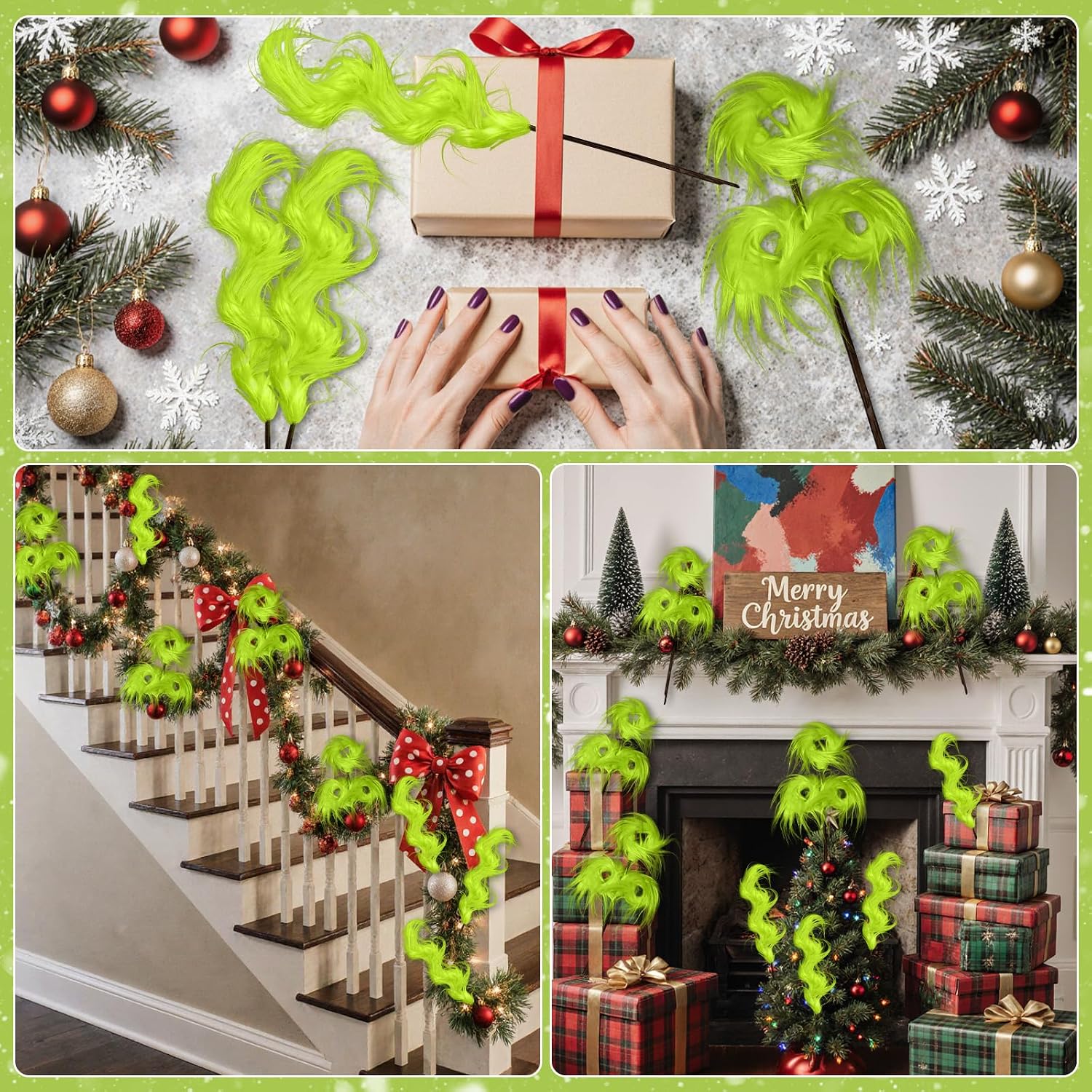 Christmas Tree Decorations, 10 PCS 17" Large Lime Green Furry Christmas Tree Topper Picks Decor Ornaments, Christmas Vase Fillers for Table Manle Gift Wrap, Xmas Home Holiday Decor